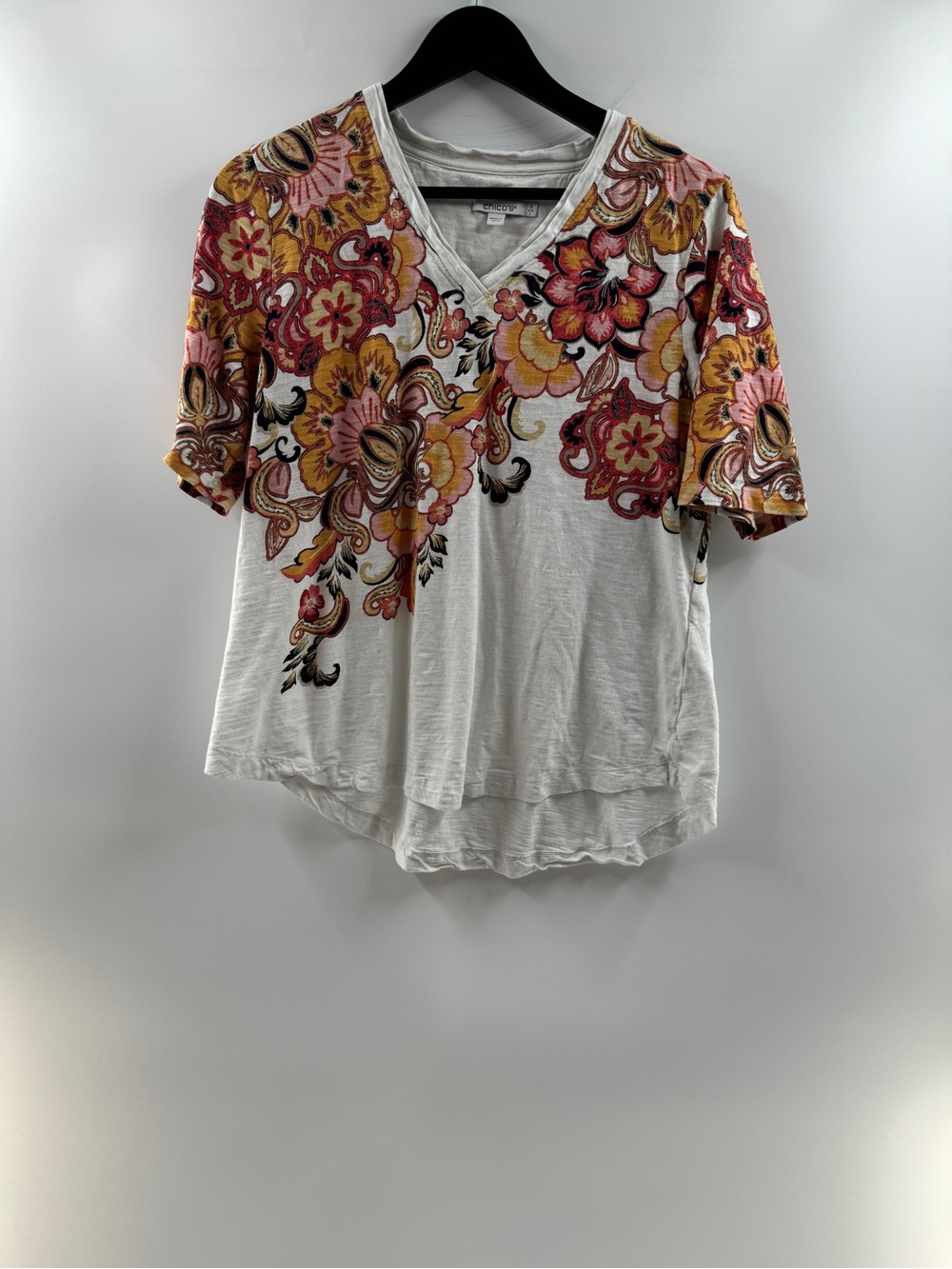 Chico's Floral V-Neck Top – Women's Size 2 Cotton Modal Blend